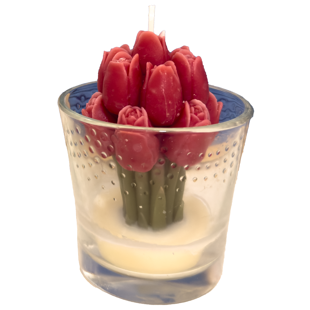 Vela Decorativa de Tulipanes en Envase de Vidrio – Belleza que Ilumina