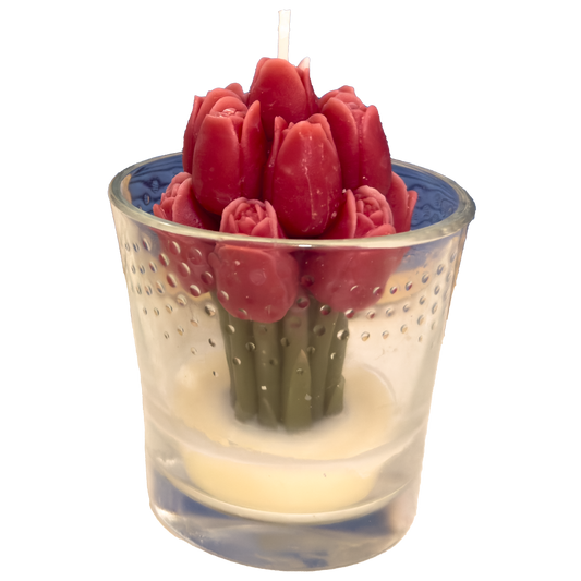 Vela Decorativa de Tulipanes en Envase de Vidrio – Belleza que Ilumina